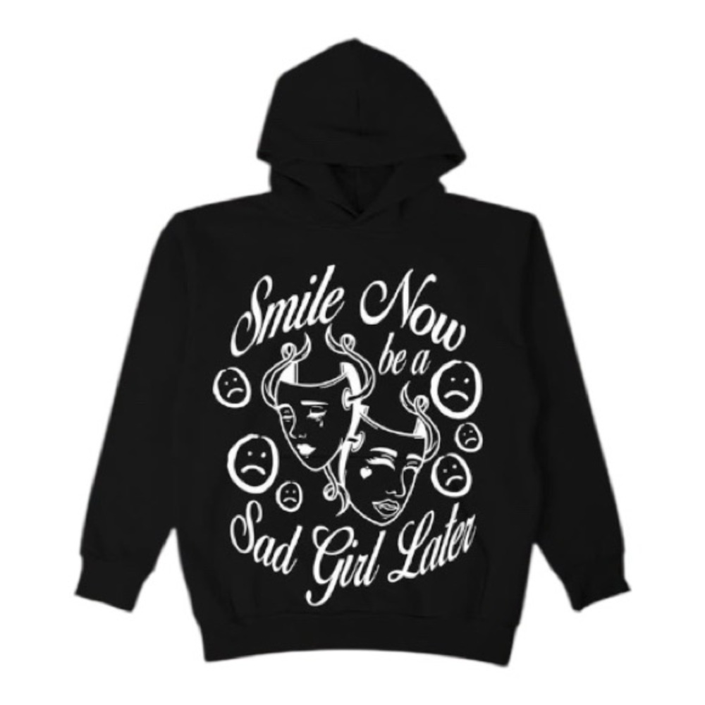 Smile Now be a Sad Girl Later Black Graphic Hoodie Sweatshirt Streetwear Mens L‎